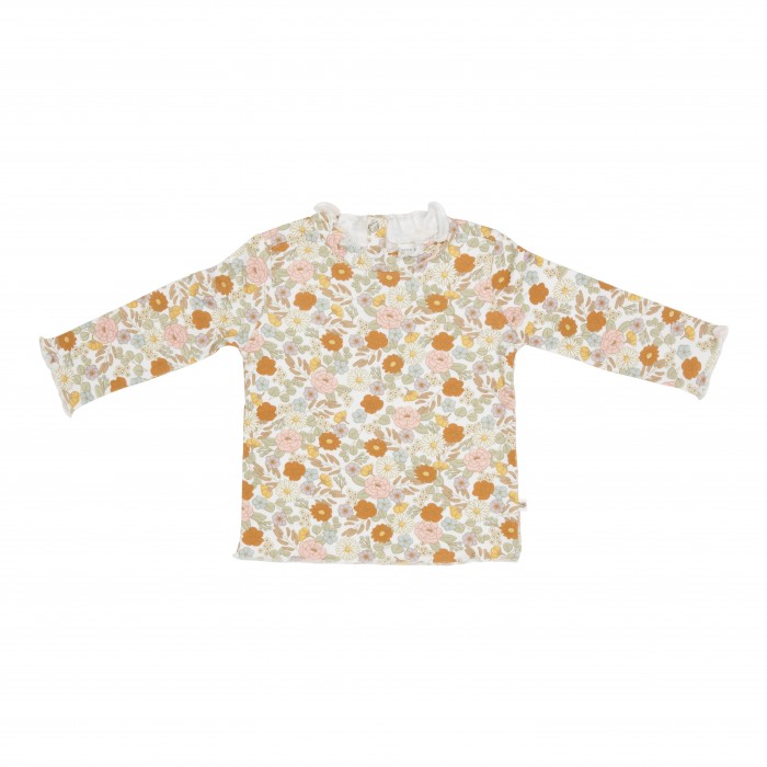 Bluzita din bumbac organic cu volane la guler si mansete - Vintage Little Flowers - Little Dutch