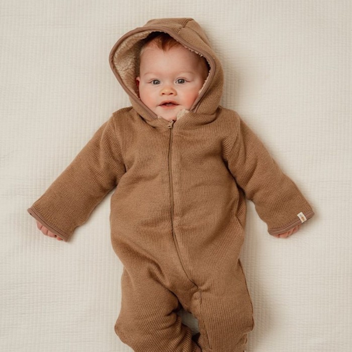 Salopeta tricotata cu gluga pentru bebelusi - Brown - Little Dutch