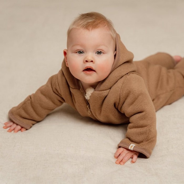 Salopeta tricotata cu gluga pentru bebelusi - Brown - Little Dutch