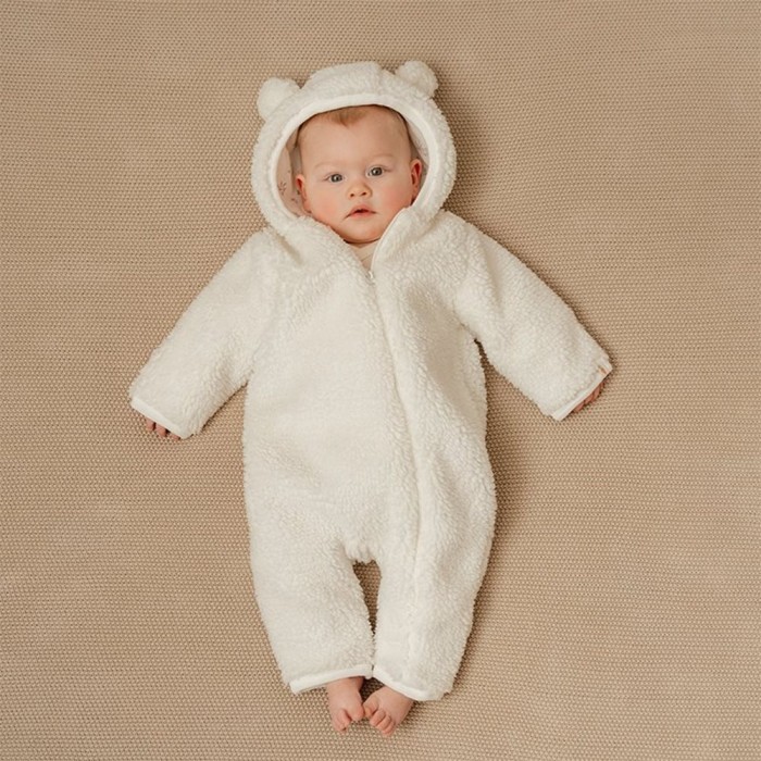 Salopeta captusita cu gluga din material teddy - Baby Bunny - Off White - Little Dutch