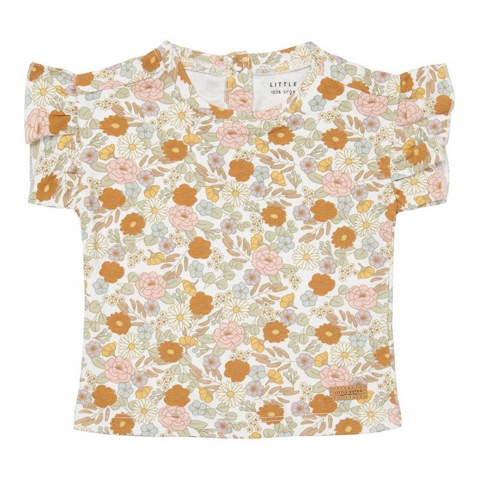 Tricou cu maneca scurta cu volanase din bumbac organic - Vintage Little Flowers - Little Dutch