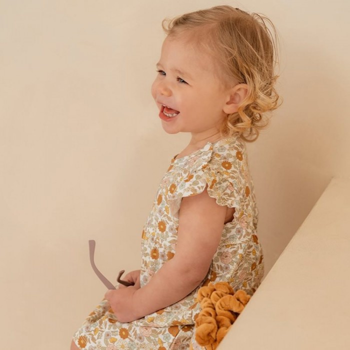 Tricou cu maneca scurta cu volanase din bumbac organic - Vintage Little Flowers - Little Dutch