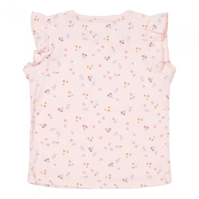 Tricou cu maneca scurta cu volanase din bumbac organic - Little Pink Flowers - Little Dutch