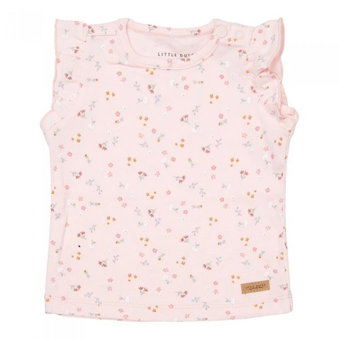 Tricou cu maneca scurta cu volanase din bumbac organic - Little Pink Flowers - Little Dutch