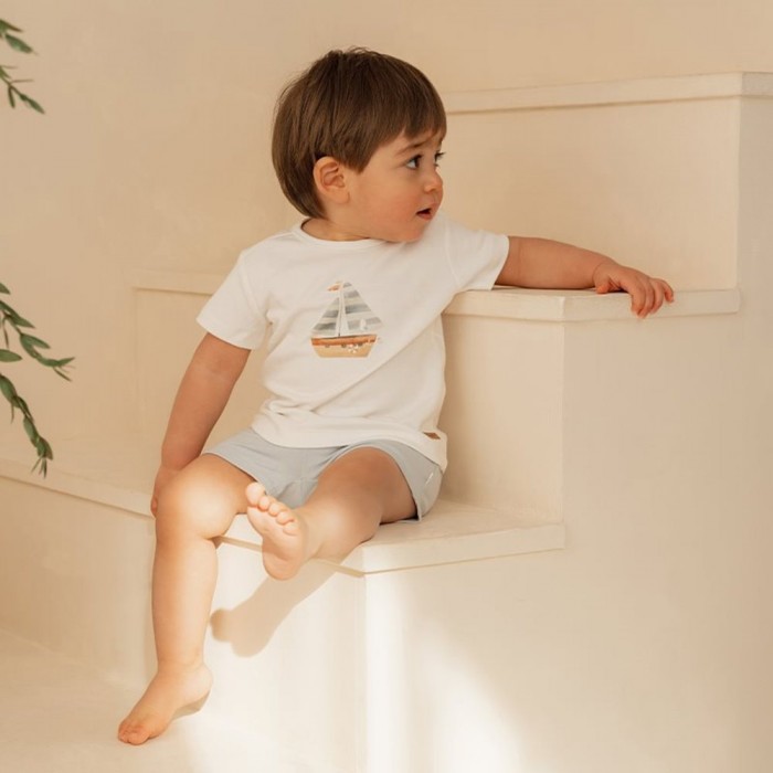 Tricou cu maneca scurta cu volanase din bumbac organic - SailBoat White - Little Dutch