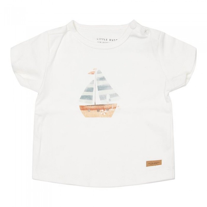 Tricou cu maneca scurta cu volanase din bumbac organic - SailBoat White - Little Dutch
