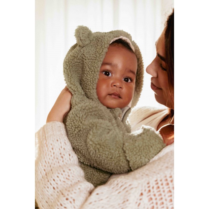 Salopeta captusita cu gluga din material teddy - Soft Green - Little Dutch