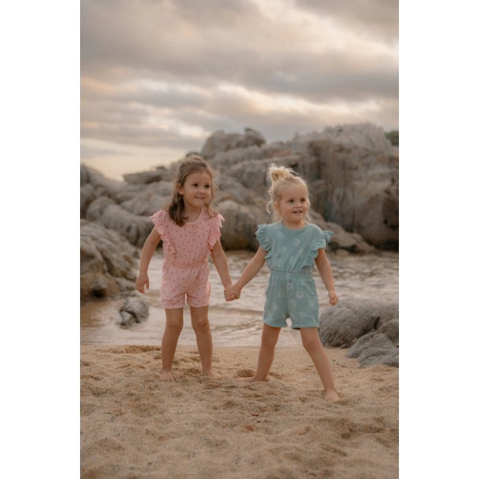 Pantaloni salopeta cu maneca scurta din bumbac organic - Ocean Treasures - Surf Blue - Little Dutch