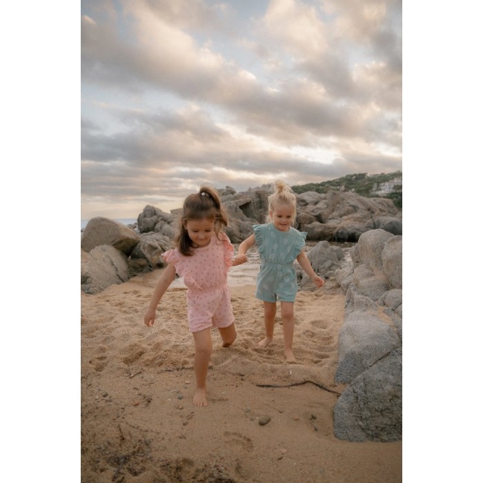 Pantaloni salopeta cu maneca scurta din bumbac organic - Ocean Treasures - Surf Blue - Little Dutch