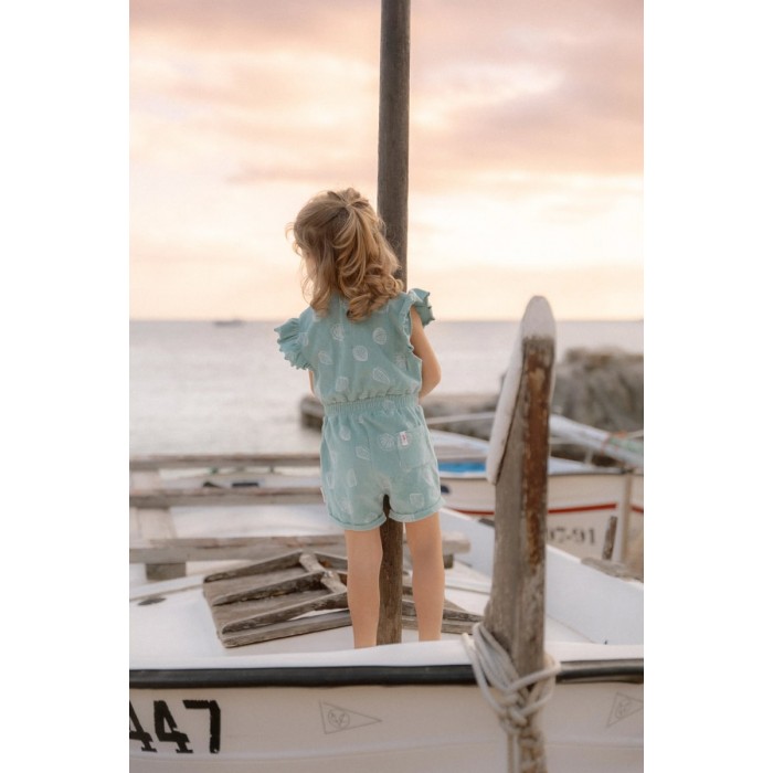 Pantaloni salopeta cu maneca scurta din bumbac organic - Ocean Treasures - Surf Blue - Little Dutch