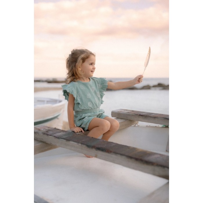 Pantaloni salopeta cu maneca scurta din bumbac organic - Ocean Treasures - Surf Blue - Little Dutch