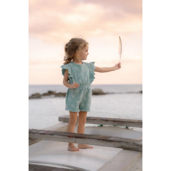 Pantaloni salopeta cu maneca scurta din bumbac organic - Ocean Treasures - Surf Blue - Little Dutch