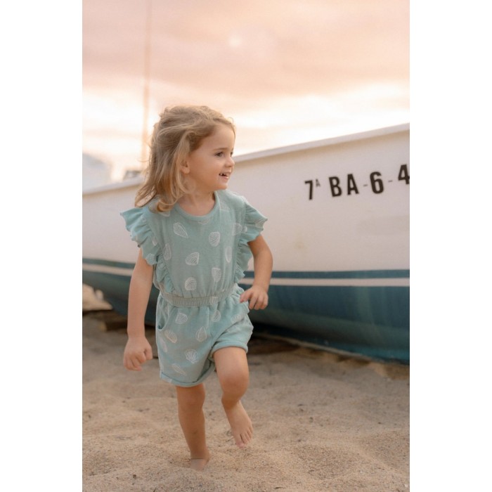 Pantaloni salopeta cu maneca scurta din bumbac organic - Ocean Treasures - Surf Blue - Little Dutch