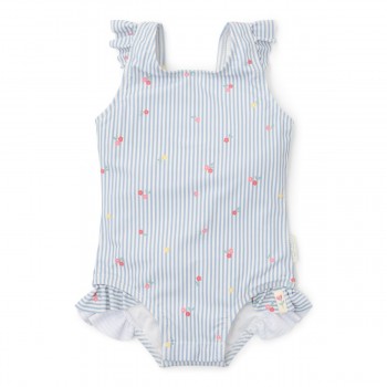 Costum de baie intreg fara maneci cu protectie UV 50+ - Sunny Flowers Blue - Little Dutch
