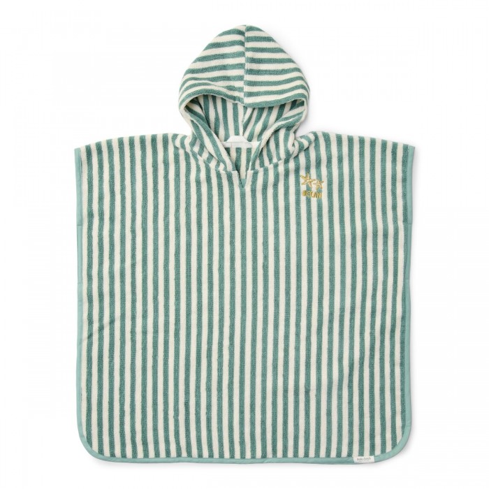 Poncho pentru plaja din bumbac - Seashells / Stripes Surf Green - Little Dutch