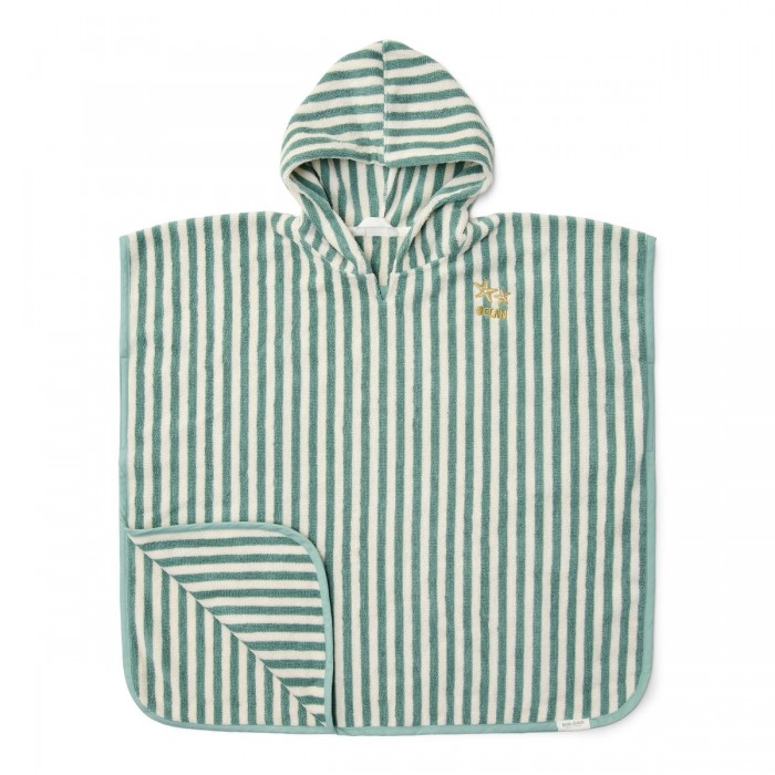 Poncho pentru plaja din bumbac - Seashells / Stripes Surf Green - Little Dutch