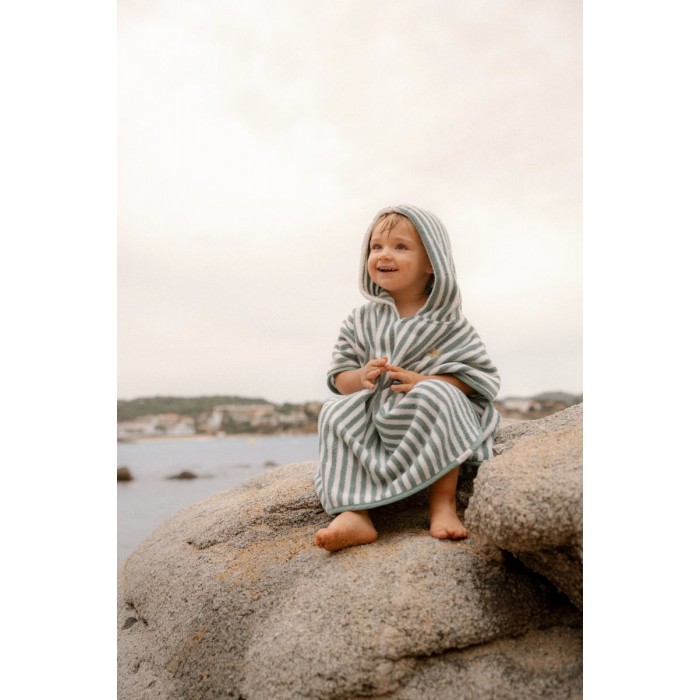 Poncho pentru plaja din bumbac - Seashells / Stripes Surf Green - Little Dutch