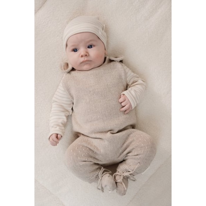 Salopeta tricotata din bumbac organic pentru bebelusi -  Soft Beige Melee - Newborn Naturals - Little Dutch