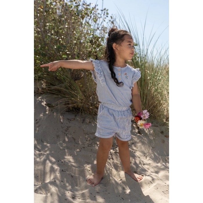 Salopeta pantalon din bumbac organic - Denim Blue Stripe - Little Dutch