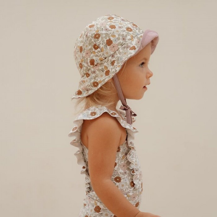 Palarie de soare reversibila cu protectie UV 50 + - Vintage Little Flowers/ Mauve - Little Dutch