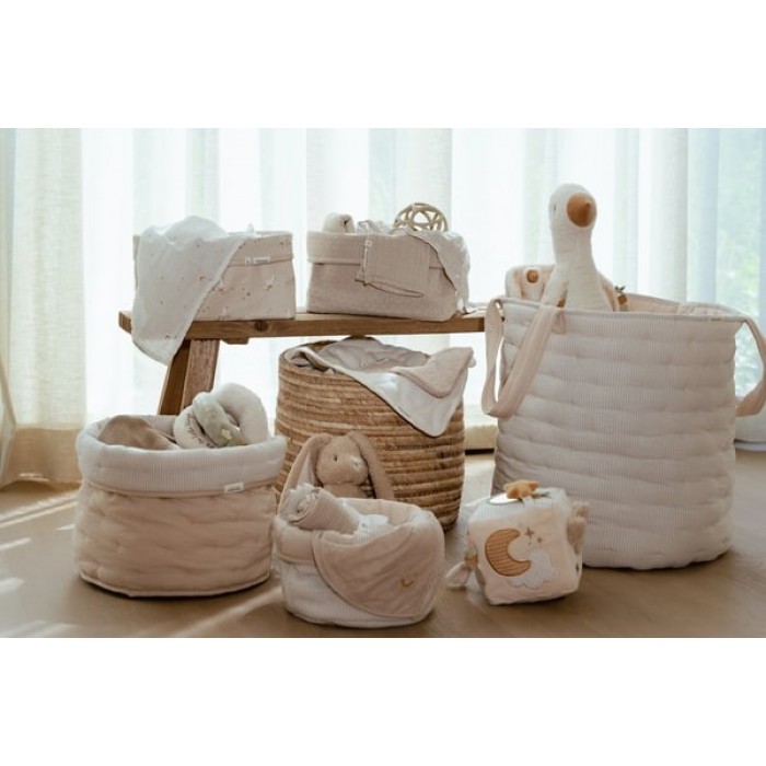 Cos de depozitare rotund matlasat pentru comoda de infasat - 20 x 15 - Pure Soft Beige Stripe - Little Dutch