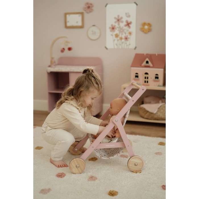 Carucior din lemn pentru papusi - Soft Flower - Little Dutch Carucior din lemn pentru papusi - Soft Flower - Little Dutch