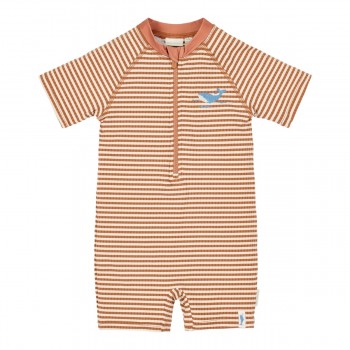 Costum de baie intreg cu maneca scurta - Ocean Brown Stripes - Little Dutch