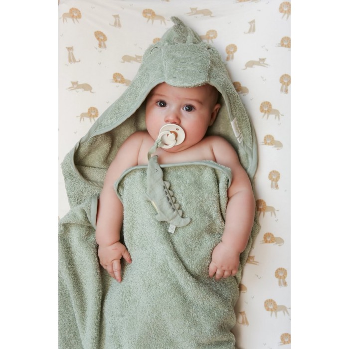 Prosop cu gluga din bumbac organic pentru bebelusi - 75 x 75 cm - Green Crocodil - Little Dutch