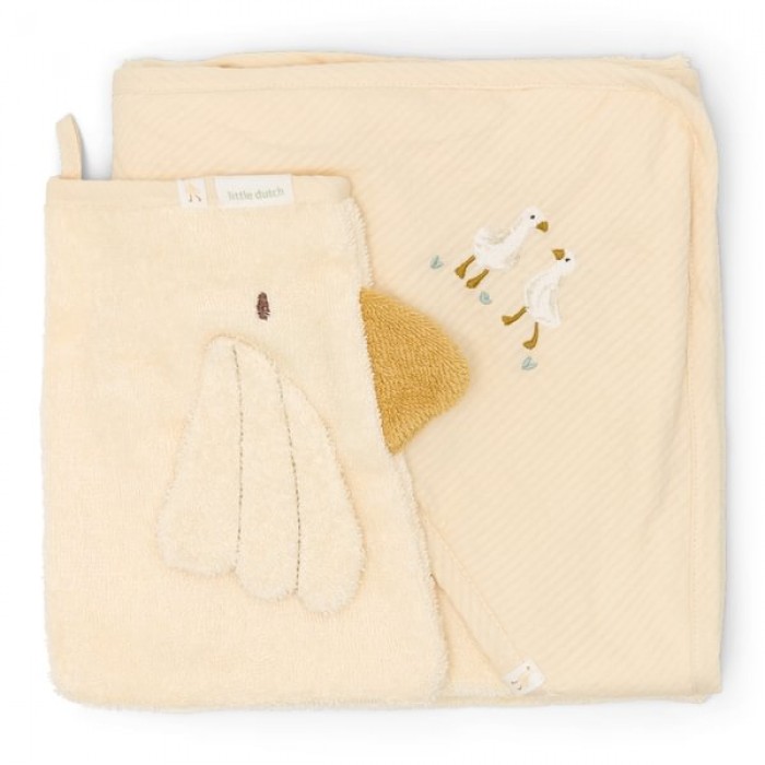 Set cadou cu prosop cu gluga si manusa de baie din bumbac organic pentru bebelusi - Little Goose - Little Dutch