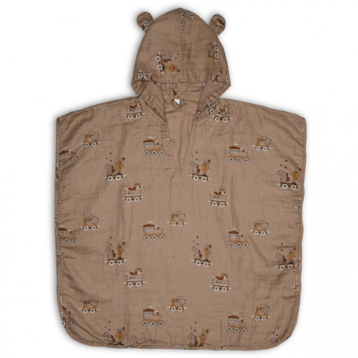 Poncho cu gluga din muselina de bumbac organic Flor - Carnival Train - Nuuroo