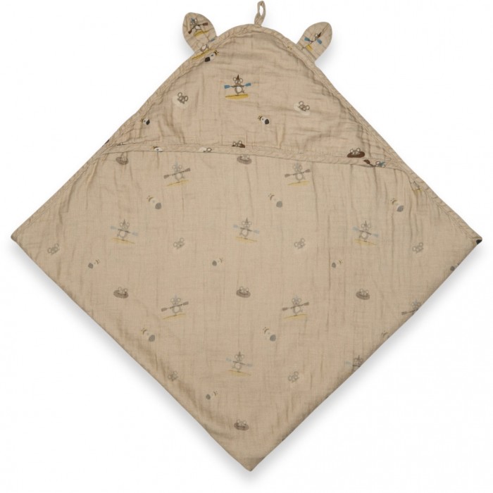 Prosop cu gluga din muselina de bumbac organic - Danila - Beige Surfer - 100 X 100 cm - Nuuroo