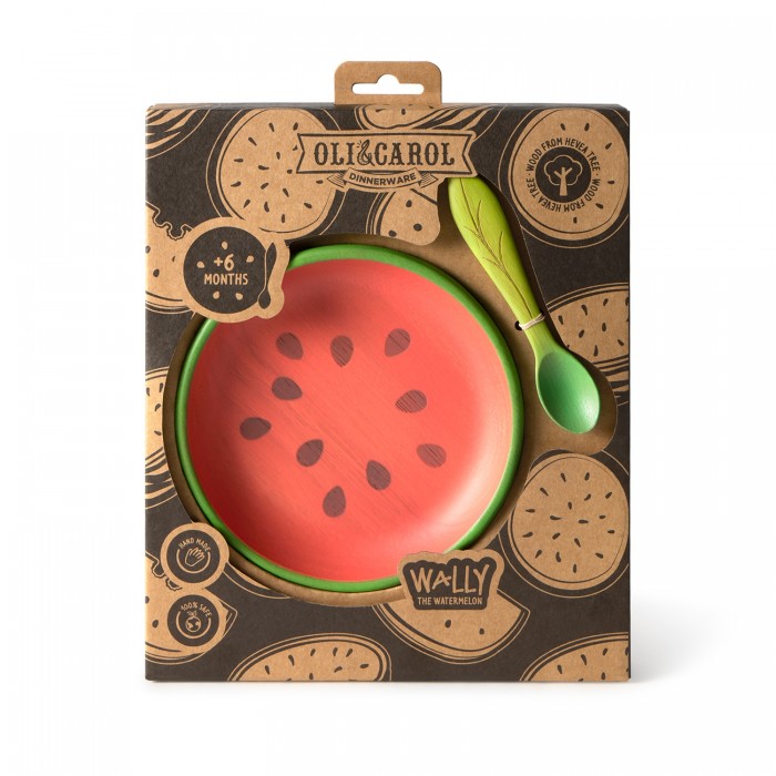 Farfurie din lemn cu lingurita - Wally The Watermelon - Oli & Carol